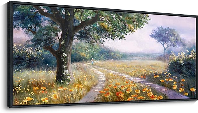 CHATYOUNG Large Landscape Wall Art, Rustic Wildflowers Way Home Yellow Green Pictures Farmhouse Canvas Painting Framed Artwork for Bedroom Living Room Kitchen Home Office Wall Decor 71"x32"