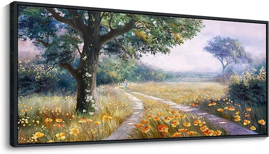CHATYOUNG Large Landscape Wall Art, Rustic Wildflowers Way Home Yellow Green Pictures Farmhouse Canvas Painting Framed Artwork for Bedroom Living Room Kitchen Home Office Wall Decor 71"x32"