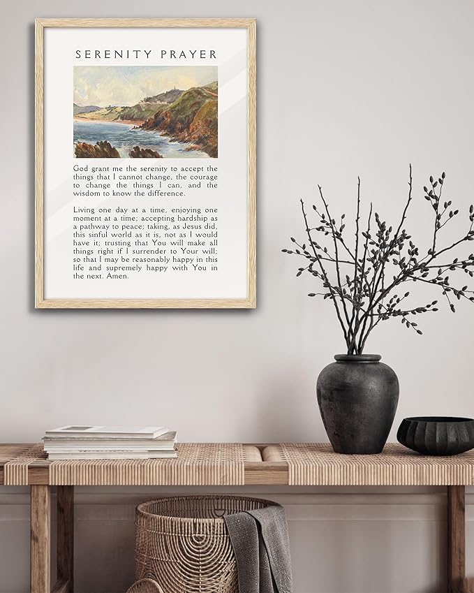 Large 16x20in OAK Wood Framed Wall Art, Serenity Prayer Bible Verse Christian Canvas Wall Decor, Blue Modern Jesus Wall Prints for Bedroom, Living Room, Bathroom, Religious Gift, 1 Pack