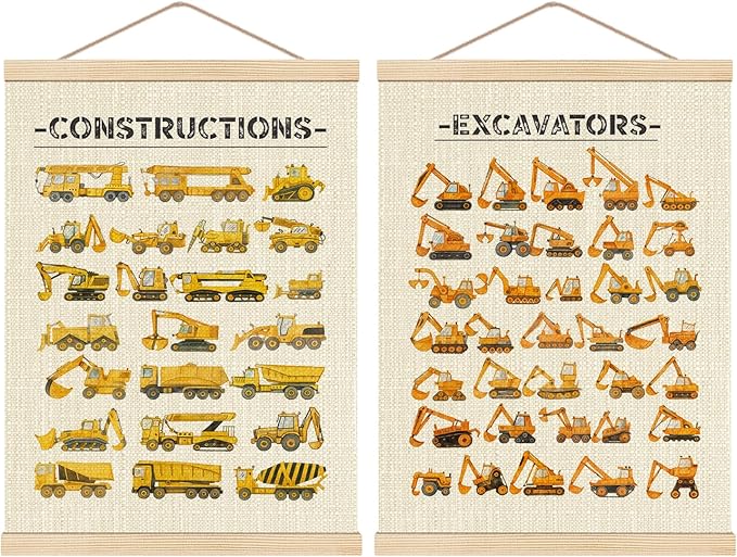 HKTZM Constructions Excavators Wall Decor, Constructions Nursery Wall Art With Wooden Poster Hanger, Transport Posters Walls Decoration for Kids Boys Room Nursery Playroom, 12x16 Inch Set of 2