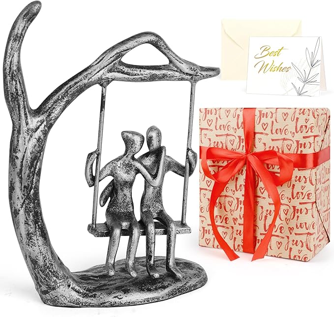 Anniversary Wedding Gifts for Couple/Her - Romantic Couple Statue in Love, Antique Silver Metal Figurine Sweet Loving Together Iron Sculpture Decor, Birthday Gifts for Wife Husband