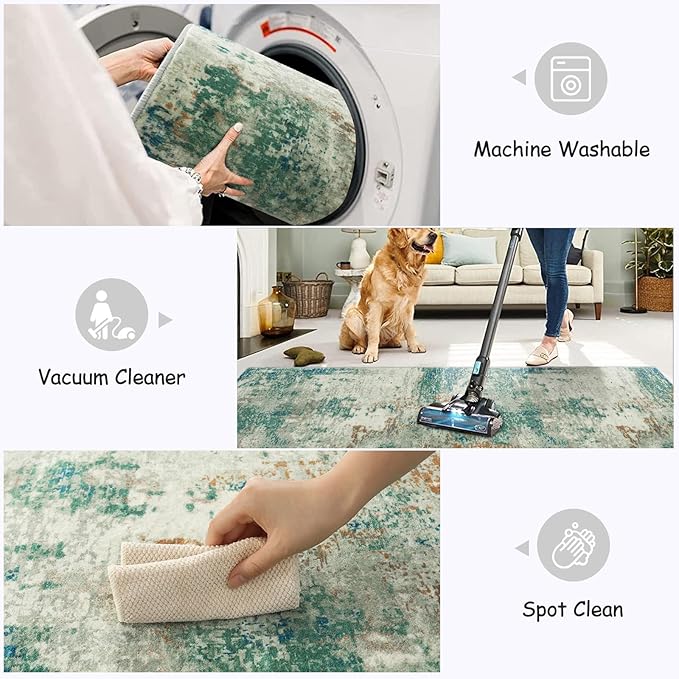 Lahome Modern Abstract Area Rug 5x7 Rugs for Living Room, Washable Accent Bedroom Rug Non-Slip Non Skid, Indoor Floor Contemporary Carpet for Kitchen Bathroom Laundry,Green/Grey