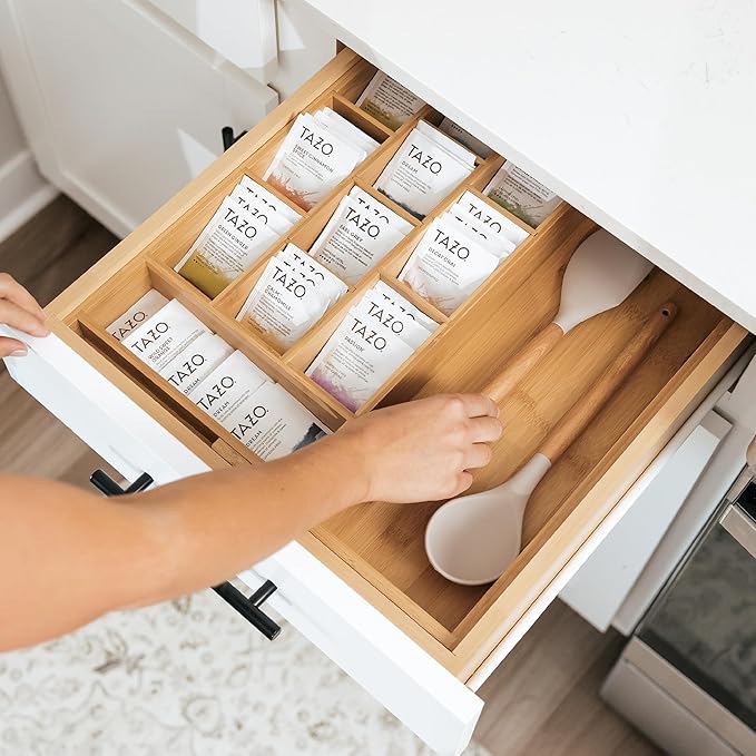 Tea Bag and Coffee Pod Kitchen Drawer Organizer, Expandable 9.7 to 17 Inches, 10 Accessory Compartments with Adjustable Wall Inserts, Non-Slip Rubber Feet, 100% Sustainable Bamboo Wood