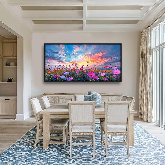 Flower Field Sunrise Large Framed Wall Art Oversized Daisy WildFlower Landscape Pictures Floral Wall Decor Canvas Print Painting Aesthetic Modern Artwork for Living Room Bedroom Office Bathroom Home Decor 60L"x30W"