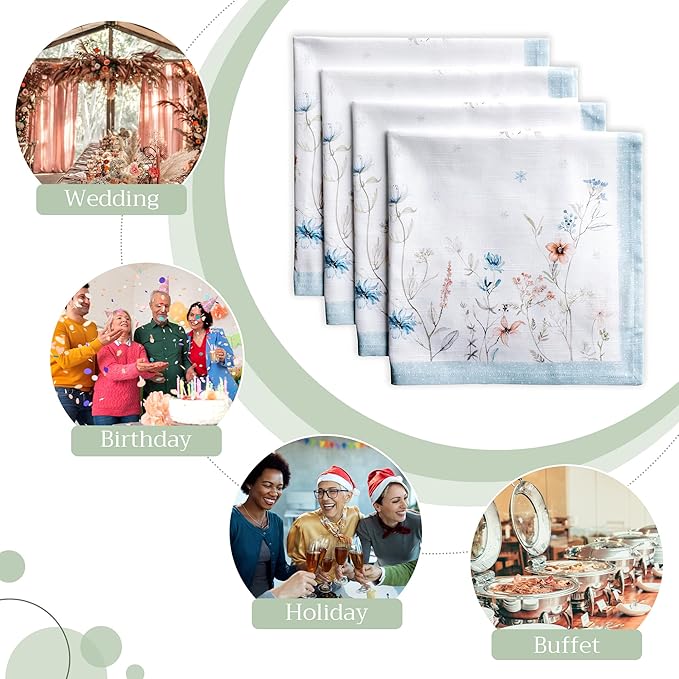 Maison d' Hermine Cloth Napkins Set of 4 100% Cotton Everyday Reusable Square Napkins Cloth Washable, Dinner, Party, Wedding, Restaurant (Ice Florals, 20" x 20")