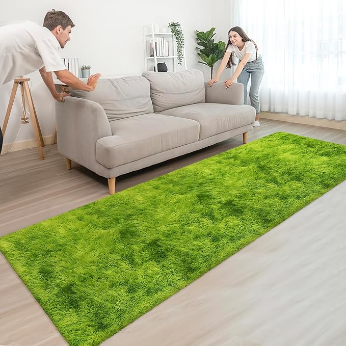 Tie-Dyed Runner Rug for Bedroom Green 3x10ft Fluffy Area Rug Bedside Runner Rug for Kids Room Boys Teens Nursery Baby Living Room Dorm Home Decor Carpets