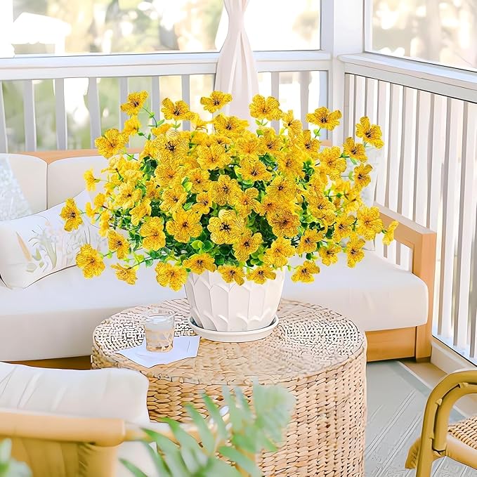 Agusbagli 24 Bundles Artificial Flowers Outdoor UV Resistant Fake Flowers No Fade Faux Plastic Greenery Shrub Plants for Wedding Home Garden Window Box Fireplace Thanksgiving Christmas Decor, Yellow