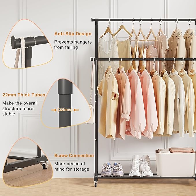 Calmootey Double Rods Clothes Garment Rack, Rolling Clothing Rack for Hanging Clothes, Coat Storage, Organizer for Bedroom, Livingroom, Apartments, Black