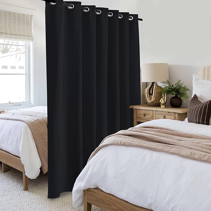 Beauoop 100% Blackout Curtains 96 Inches Long for Patio Sliding Door Black Solid Extra Wide Room Darkening Thermal Insulated Room Divider Soundproof Grommet Window Treatment Drapes,100x96 Set of 1