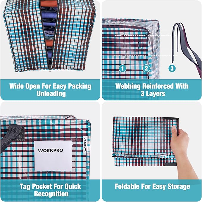 WORKPRO 6 Pack Extra Large Moving Bags with Zippers & Carrying Handles Backpack Straps, Heavy-Duty Storage Tote for Space Saving & Storage, Alternative to Moving Box (Lattice Printing)
