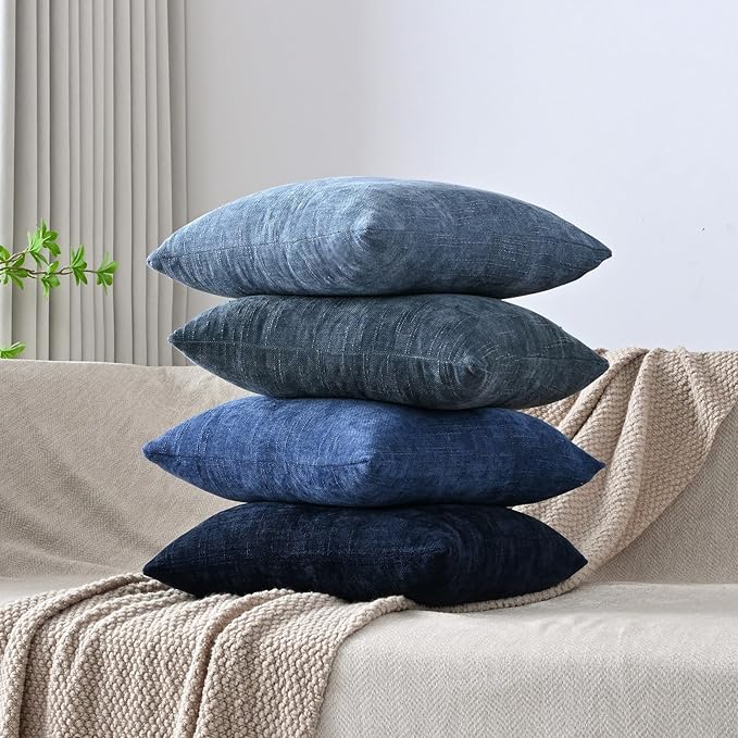 Set of 4 Soft Textured Decorative Throw Pillow Covers 22x22 Inch Cozy Farmhouse Cushion Cover Square Accent Pillow Cases for Bed Couch Sofa Living Room, Blue