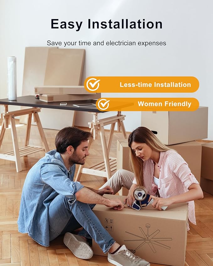 CubiCubi Ceiling Fans with Lights, 72 Inch Industrial/Modern Ceiling Fan with Light and Remote/APP Control, Kitchen Living Room Indoor Use, 35W, 3CCT, Stepless Dimmable, Quiet, Reversible, Black