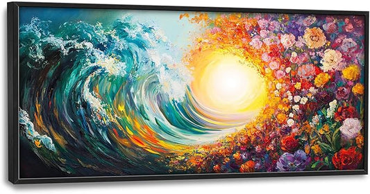 Ocean Framed Wall Art for Living Room, Large Waves with Flowers Canvas Wall Decor, Vintage Beach Pictures Painting, Modern Artwork for Bathroom Bedroom 60L'' × 30W''