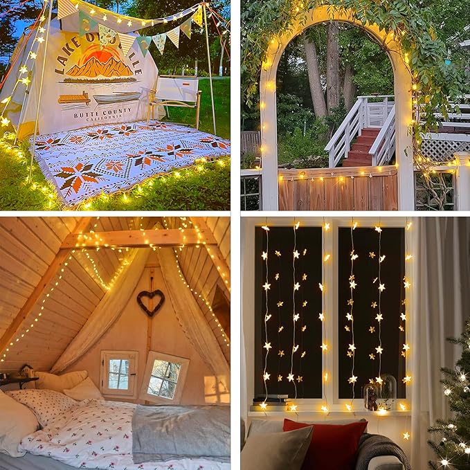 120 LED 40FT Star String Lights, 8 Modes Plug in Star Lights with Timer & Memory, Indoor Outdoor Christmas Twinkle Light for Birthday Party Bedroom Wedding Home Classrom Decor Warm White