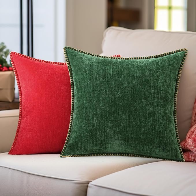 decorUhome Christmas Chenille Soft Throw Pillow Covers 18x18 Set of 2, Farmhouse Velvet Neutral Decorative Euro Pillow Covers with Stitched Edge for Couch Sofa Bed Home Decor, Red