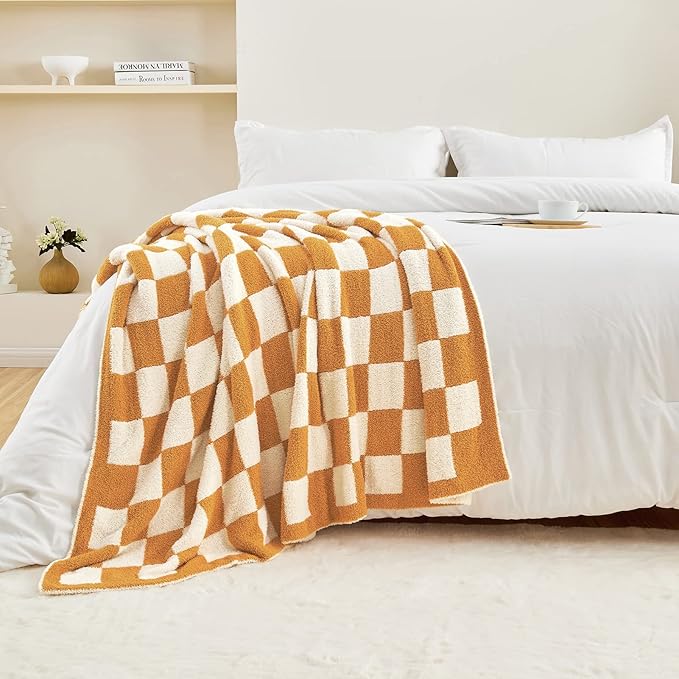 CozeCube Checkered Blanket, Ultra Soft Cozy Orange and White Throw Blanket, Warm Cozy Knit Fuzzy Plush Checkerboard Throw for Couch Bed Sofa, 50"x60"