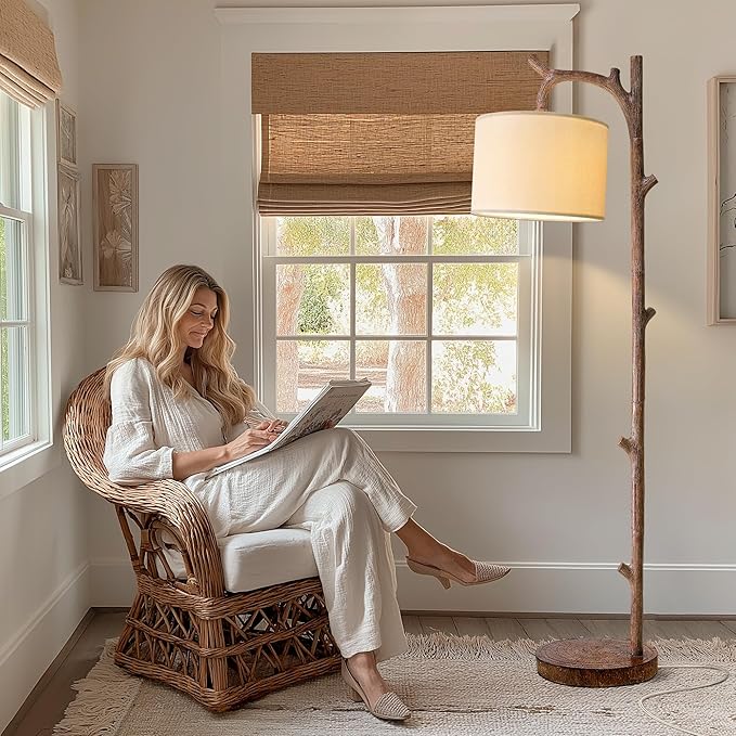 OYEARS Retro Farmhouse Floor Lamp for Living Room with Remote Rustic Standing Lamps Tree Trunk Deco Modern Country Vintage Wood Floor Lamp（Brown,Bulb Included）