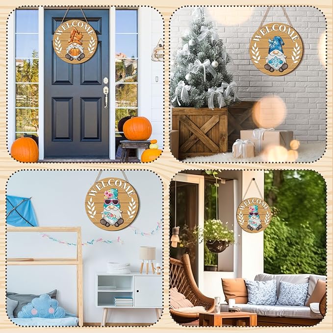 Qunclay Interchangeable Wooden Gnome Decor Holiday Seasonal Gnome Decorations with Magnet Pieces and Detachable Hats Changeable Welcome Sign for Home(Fresh Style)