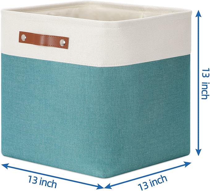 Temary Fabric Storage Cubes 13x13 Storage Baskets for Organizing, 4Pack Large Fabric Storage Bins with Handles Cube Storage Baskets for Storage Clothes, Books (White&Teal)