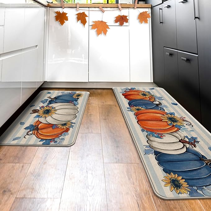 Fall Blue White Pumpkin Kitchen Rugs Set of 2, Autumn Sunflower Stripes Kitchen Mats Decor, Thanksgiving Seasonal Floor Door Mat Home Decorations - 17x29 and 17x47 Inch