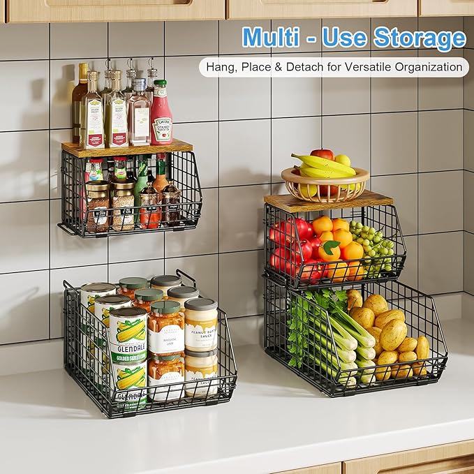 X-cosrack 2-Tier Stackable Wire Baskets with Wood Lids, Fruit Basket for Kitchen Counter, Wall-mounted Baskets for Potato and Onion Storage, Metal Baskets for Snack Produce Cans