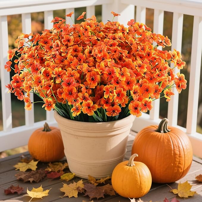 AGIRL 24 Bundles Artificial Fall Flowers Outdoor Indoor Decoration,Fake Plastic Flowers,Faux Mums Plant for Thanksgiving Fall Decor,for Hanging Outside Garden Front Door Porch Patio Window Box
