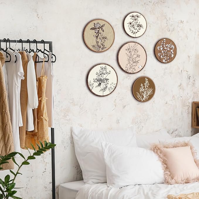 Barydat 6 Pieces Boho Plant Wall Art Decor Wooden Boho Farmhouse Rustic Bohemian Wall Hanging for Bedroom Living Room Office(Vivid Round,8 Inch, 10 Inch)