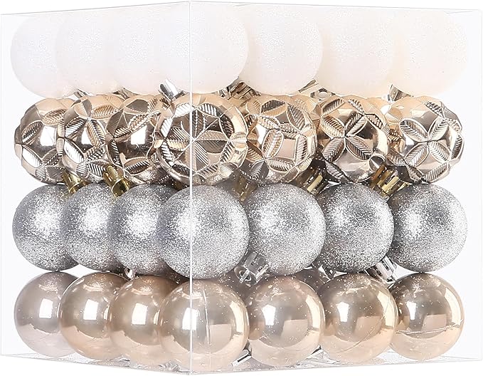Sea Team 64-Pack Shatterproof Plastic Christmas Ball Ornaments Set, Colorful Christmas Baubles, Hanging Decorations for Xmas Tree, Wreath, Garland, (40mm/1.57 Inches, Champagne, White)
