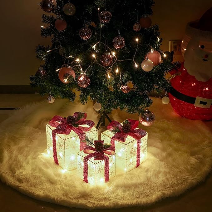 Christmas Decorations, Set of 3 Christmas Lighted Gift Boxes, Battery Operated Xmas Present Boxes, Warm White LED with Bows for Indoor Christmas Tree, Yard, Home Decor