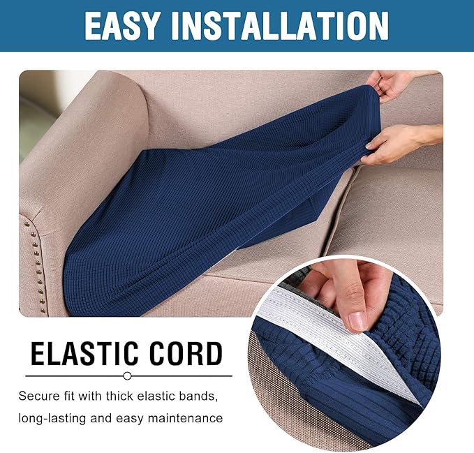 H.VERSAILTEX Super Stretch Individual Seat Cushion Covers - 2 Piece Large Sofa Cushion Covers, Navy, Thick Jacquard Textured Twill Fabric Sets