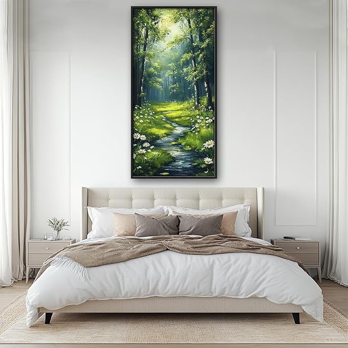 Green Forest Vertical Wall Art for Living Room, Large Tree Canvas Wall Decor, Daisy Flowers Pictures Framed Painting, Landscape Artwork for Bedroom Office Home Decor 60L'' × 30W''