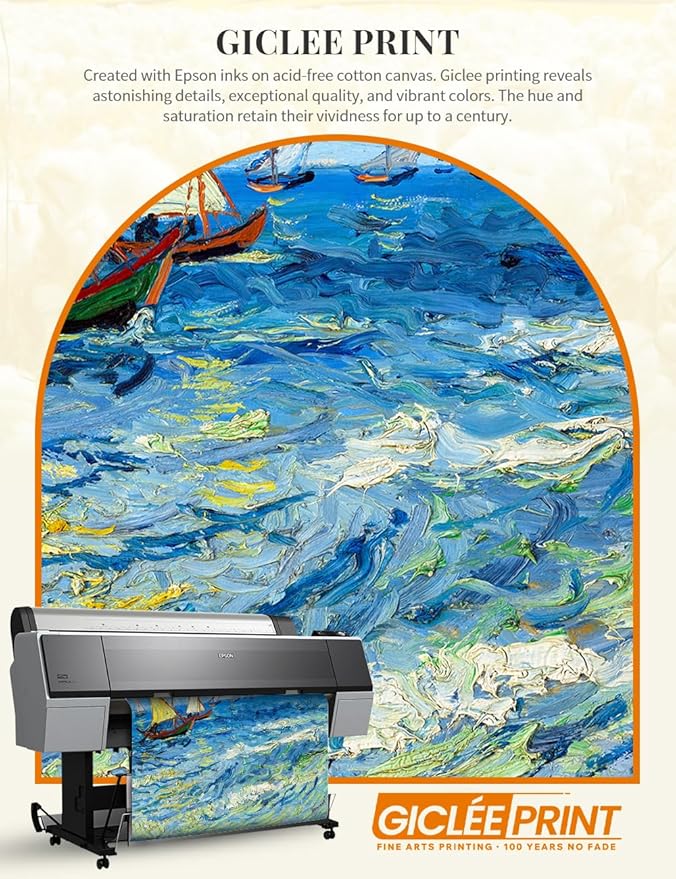 DECORARTS - Fishing Boats at Sea by Vincent Van Gogh. Giclee Print on Acid-Free Canvas in Gold Solid Wood Frame. Picture Size: 20x16, Total Size: 24.75x20.75, Made in USA