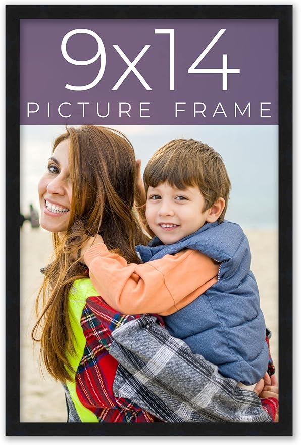 9x14 Frame Black Real Wood Picture Frame Width 0.75 Inches | Interior Frame Depth 0.5 Inches | Black Mid Century Photo Frame Complete with UV Acrylic, Foam Board Backing & Hanging Hardware