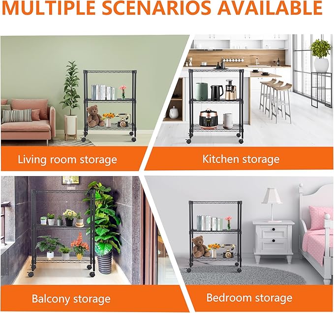 BestOffice | 3-Tier Wire Storage Shelves with Wheels | 23x13x31 | Black | Adjustable Racks | Heavy-Duty Metal Shelf, Holds Upto 170 lbs | No-Tool Assembly | Ideal for Home & Garage Shelving