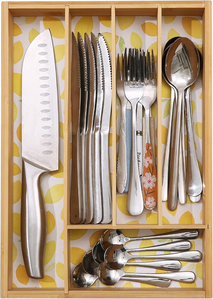 Kitchen Drawer Organizer - Silverware Organizer for Kitchen Organization & Storage, Utensil Holder & Bamboo Organizer for Kitchen Drawers, Kitchen Essentials, 5-Slot, Lemon Print