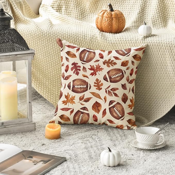 AVOIN colorlife Fall Football Maple Leaves Throw Pillow Covers 18x18 Inch, Seasonal Autumn Thanksgiving Harvest Cushion Case Decoration for Sofa Couch Set of 2