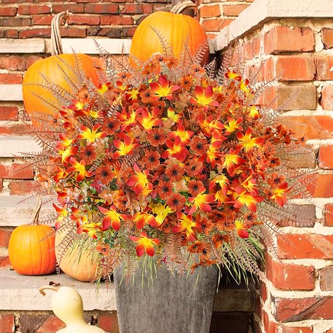 64 Pcs Artificial Fall Flower Outdoor Fake Fall Flowers UV Resistant Faux Fall Eucalyptus Plants for Home Porch Planter Garden Thanksgiving Fall Decor
