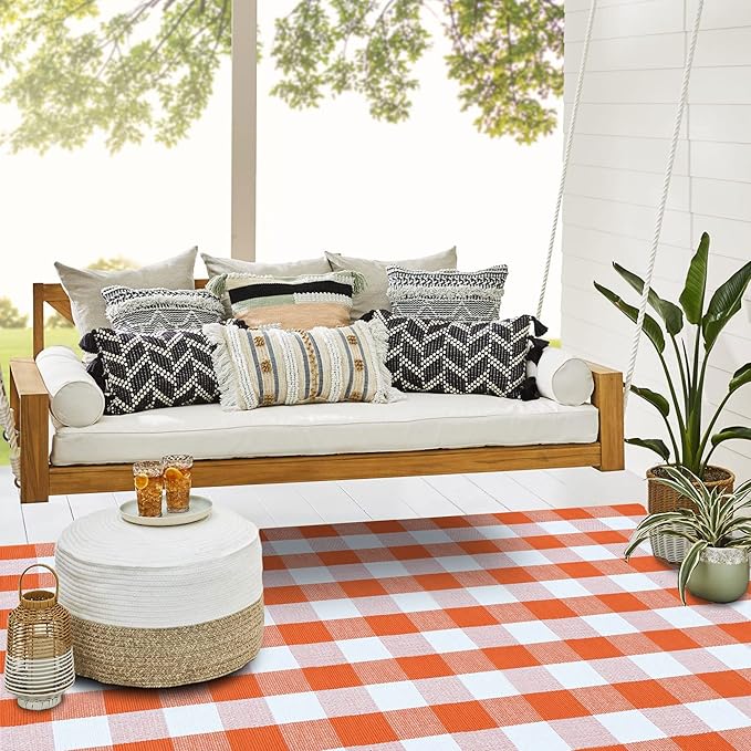 SEEKSEE Cotton Buffalo Plaid Rug 4'x6' Orange and White Checked Rug Washable Doormats Indoor Outdoor Rugs for Layered Front Door Mats, Porch, Kitchen, Farmhouse, Entryway