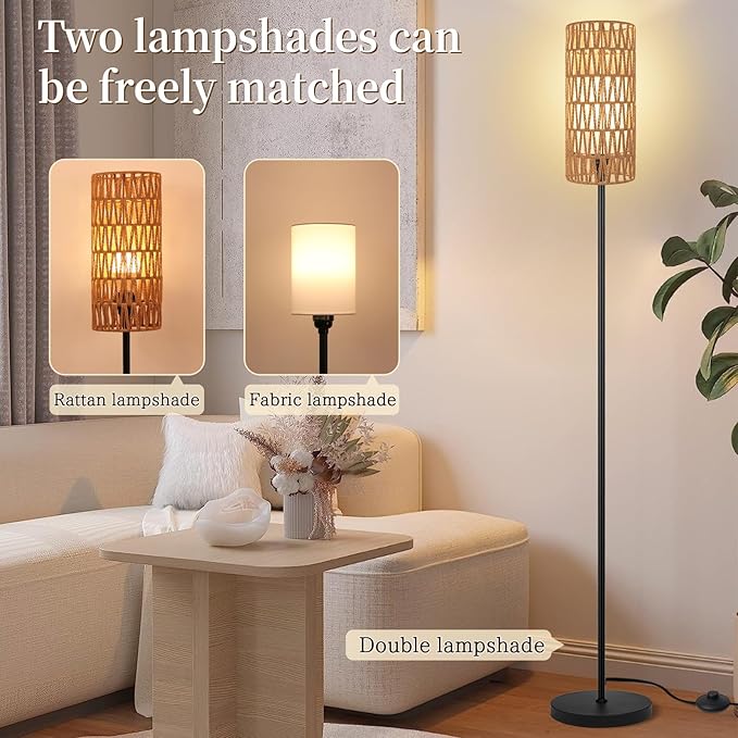 Floor Lamp for Living Room,Farmhouse Rattan Floor lamp,Modern Standing lamp with Dimmer LED Bulb,Black Tall Lamp with Remote Control