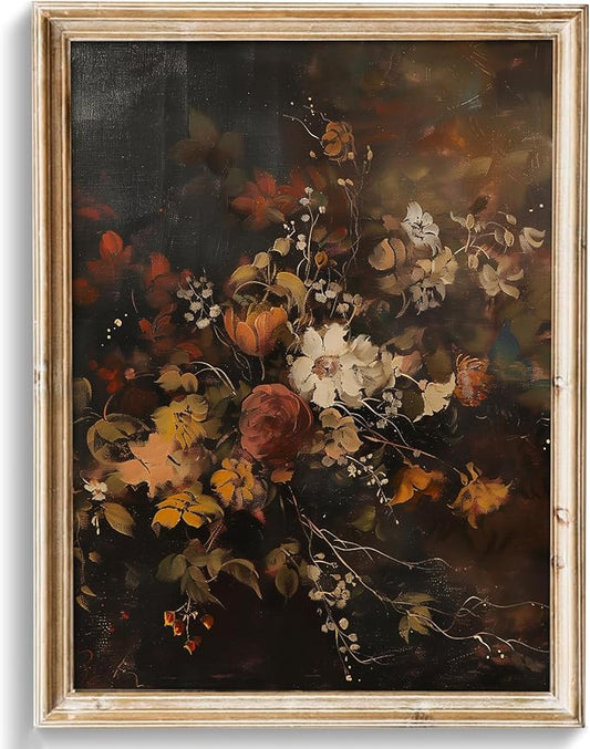 uniro Vintage Floral Wall Art Print, Moody Dark Autumn Flower Wall Painting, Retro Botonical Fall Wall Decor, Vintage Posters for Room Aesthetic for Bedroom Living Room Bathroom Wall Decor(8" x 10"-UNFRAMED)