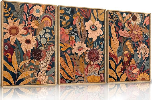 HOURIA Large Orange Flower Framed Canvas Wall Art Set,Boho Mid Century Modern Floral Botanical Wall Decor,Retro Vintage Blossom Artwork,Neutral Plant Art Print for Living Room,Bedroom,Office-24"x36"x3
