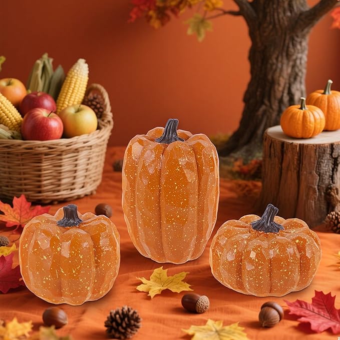 winemana Pumpkins Fall Decor Set of 3 - Artificial Resin Thanksgiving Table Centerpiece for Home Mantel Porch Office & Farmhouse, Decorative Elegant Pumpkin Autumn Harvest Decorations (Orange)