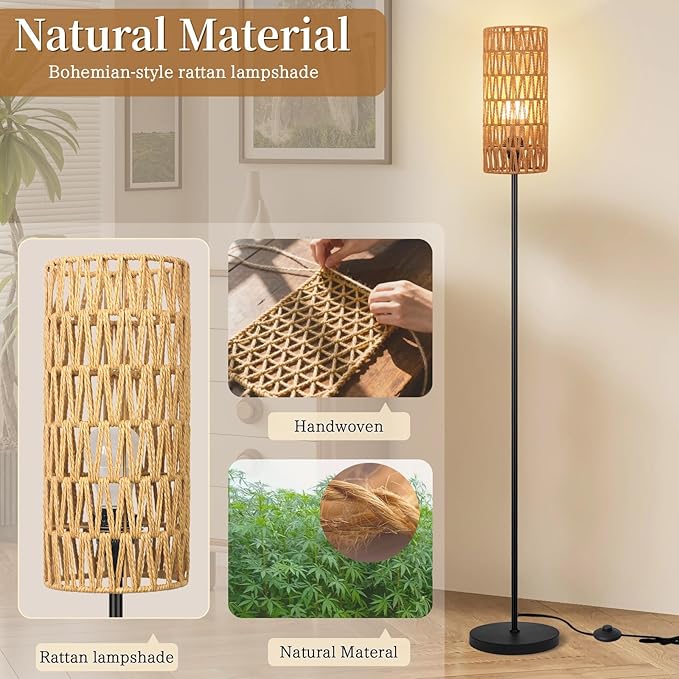 Floor Lamp for Living Room,Farmhouse Rattan Floor lamp,Modern Standing lamp with 3 Color LED Bulb,Black Tall Lamp with Foot Switch