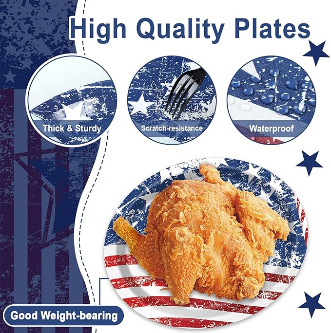 4th of July Oval Paper Plates 11inch Paper Plate and Napkin, Dish Tray American Flag Supplies Party Decoration Patriotic Supplies for Independence Veterans Labor Day Memorial Day Tableware, 25 Guest