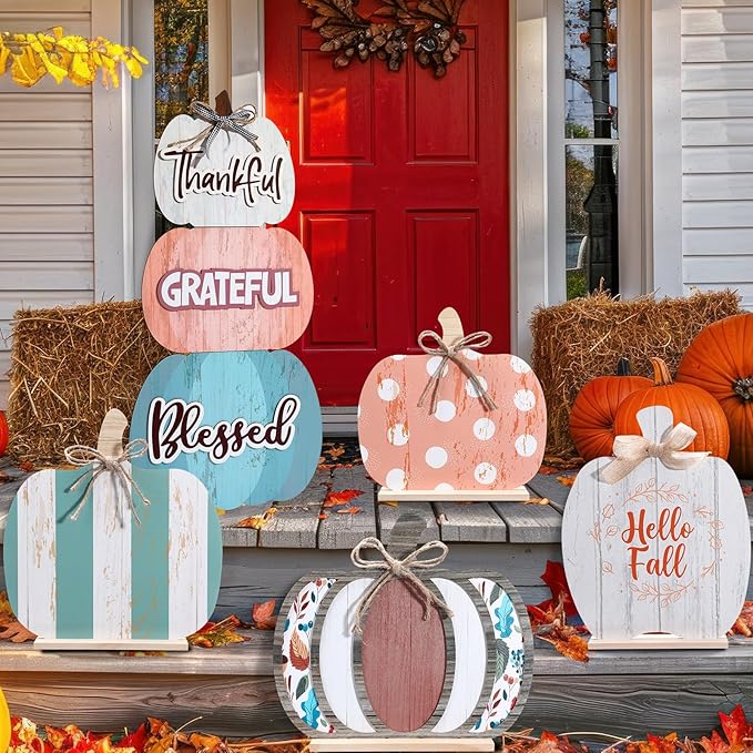 Bucherry 5 Set Fall Porch Decoration Pumpkin Wood Porch Standings Thankful Grateful Blessed Hello Fall Welcome Sign Decor with Base for Thanksgiving Festival Home Front Door Garden(Morandi Style)