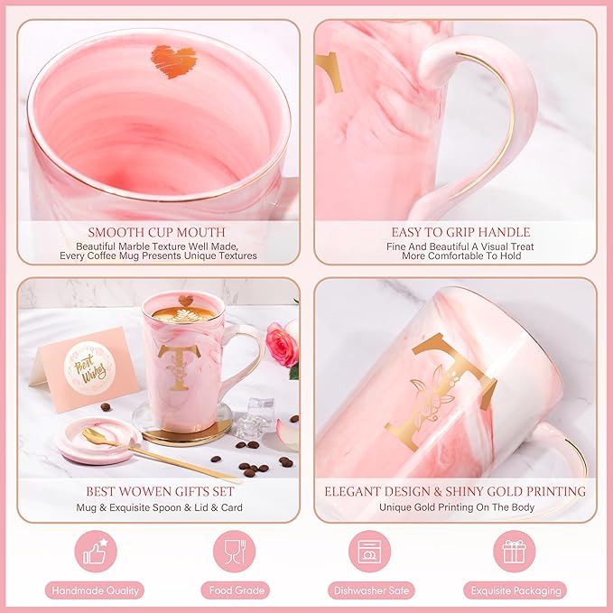 Personalized Marble Ceramic Mug Gifts for Women, 14 Oz Pink Initial Customized Gift Coffee Mug with Lid, Birthday Christmas Mother's Day Gifts for Her Wife Mom Grandma Friend Sister Unique,T