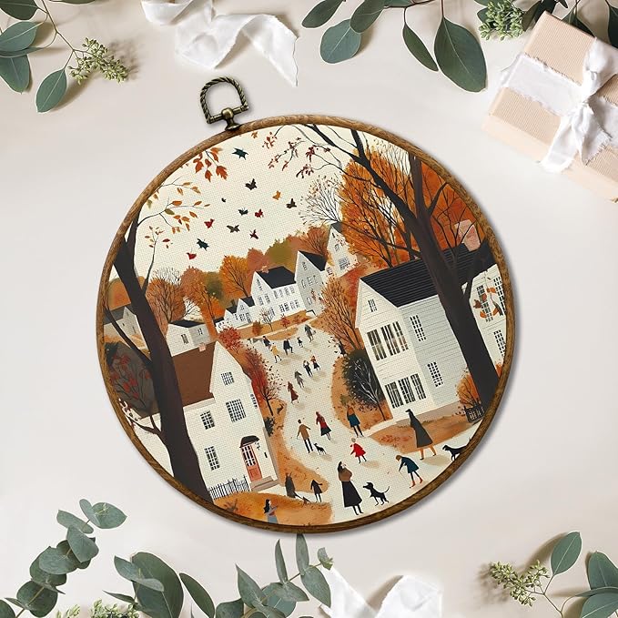 JUIOEIU Fall Round Wall Decor, Cozy Autumn Cityscape Seasonal Framed Canvas Prints, Fall Wall Art Hanging Decorations for Home Bedroom Living Room Office Decor, 10x10in