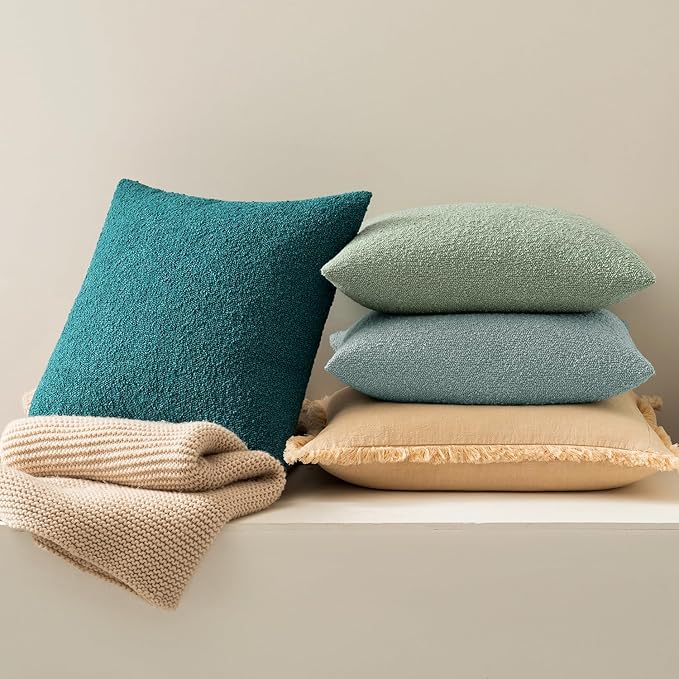 MIULEE 18x18 Inch Decorative Pillow Covers for Couch Bed Set of 2 Textured Boucle Neutral Throw Pillows Teal Blue Accent Solid Cushion Pillowcase Cozy Soft Sofa Livingroom Home Decor