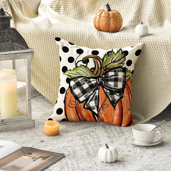AVOIN colorlife Fall Polka Dot Pumpkin Throw Pillow Covers 18x18 Inch, Seasonal Autumn Thanksgiving Harvest Decoration for Home Sofa Couch Set of 2