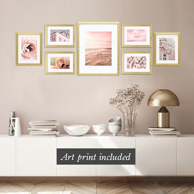 MIMOSA MOMENTS Picture Frame Sets for Wall Collage Multiple Sizes, Gallery Wall Frame Set with mat for one 8x10, two 5x7 and four 4x6 picture (Brass, 7 pcs set)